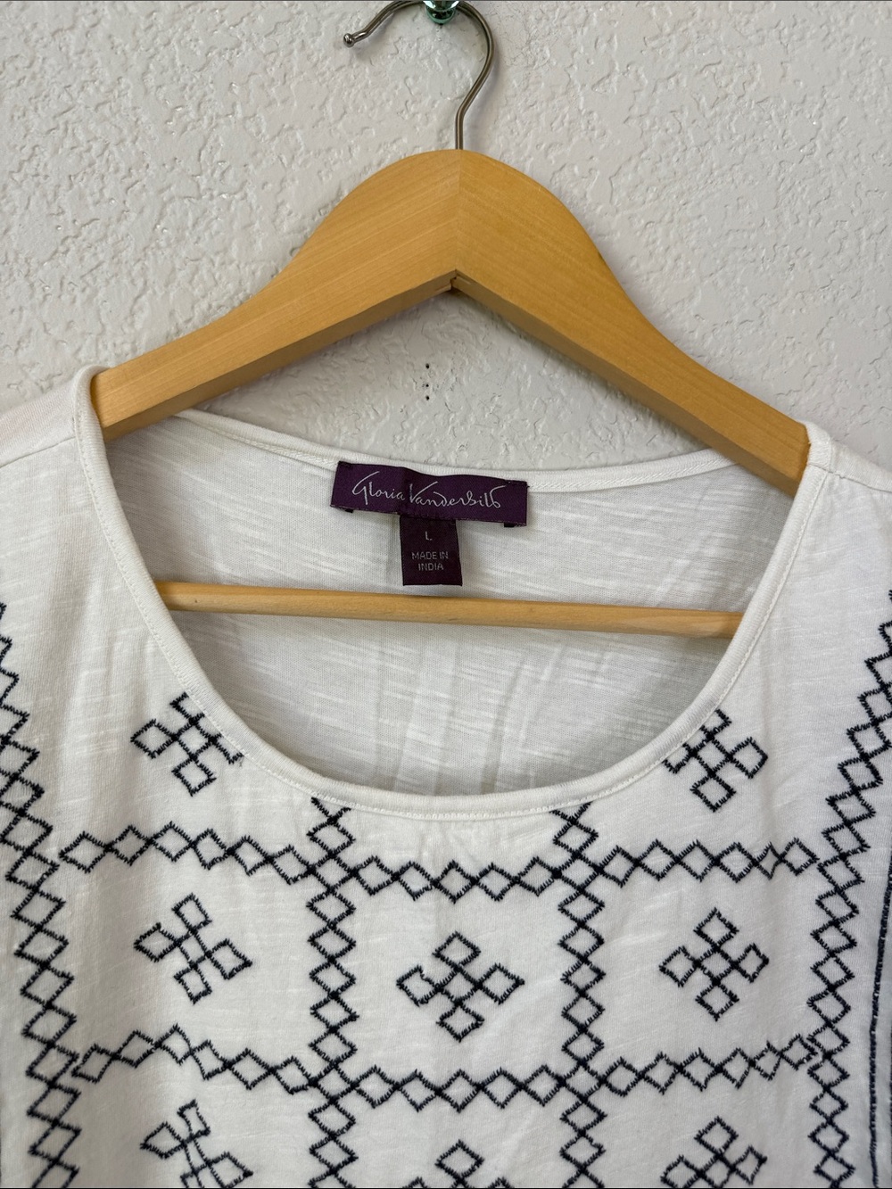 Gloria Vanderbilt Peasant Tunic Top Embroidered Blue White size Womens Large - Picture 3 of 11